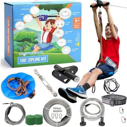 B0z5SGj8 Zip Line Kit For And Adults 100/120/ 150/200 Ft Up To 350 Lbs Rustproof Stainless Steel Quick Setup With Ratchet Ty Harness Backyard Adventure Fun Includes Climbing Holds