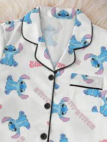 Disney Bộ đồ ngủ 2 mảnh in hình hoạt hình Stitch, kiểu dáng dễ thương, thoải mái, đa năng, tay ngắn, cạp chun, quần short cho bé gái tuổi teen, chất liệu mềm mại, thoáng khí như lụa, phù hợp mặc nhà mọi mùa. - trắng - Xem 5