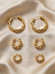 6pcs Fashion Personalized Copper Electroplated 18K Gold Inlaid Cubic Zirconia Twisted Round Dangle Earrings Set, Suitable For Women's Daily Wear Jewelry Accessories, Gift For Friends, Birthday - Yellow Gold - View 6