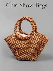 Vintage Inspired Wooden Beaded Tote Bag - Retro Handmade Woven Handbag - Coffee - View 7