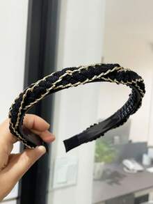 1条女士黑金线编织发带，优雅秋冬编织发带，略微凸起的皇冠设计使脸型看起来更小，适合日常佩戴、派对和晚宴等场合。家居美发配饰发带 - 黑色 - 查看 5