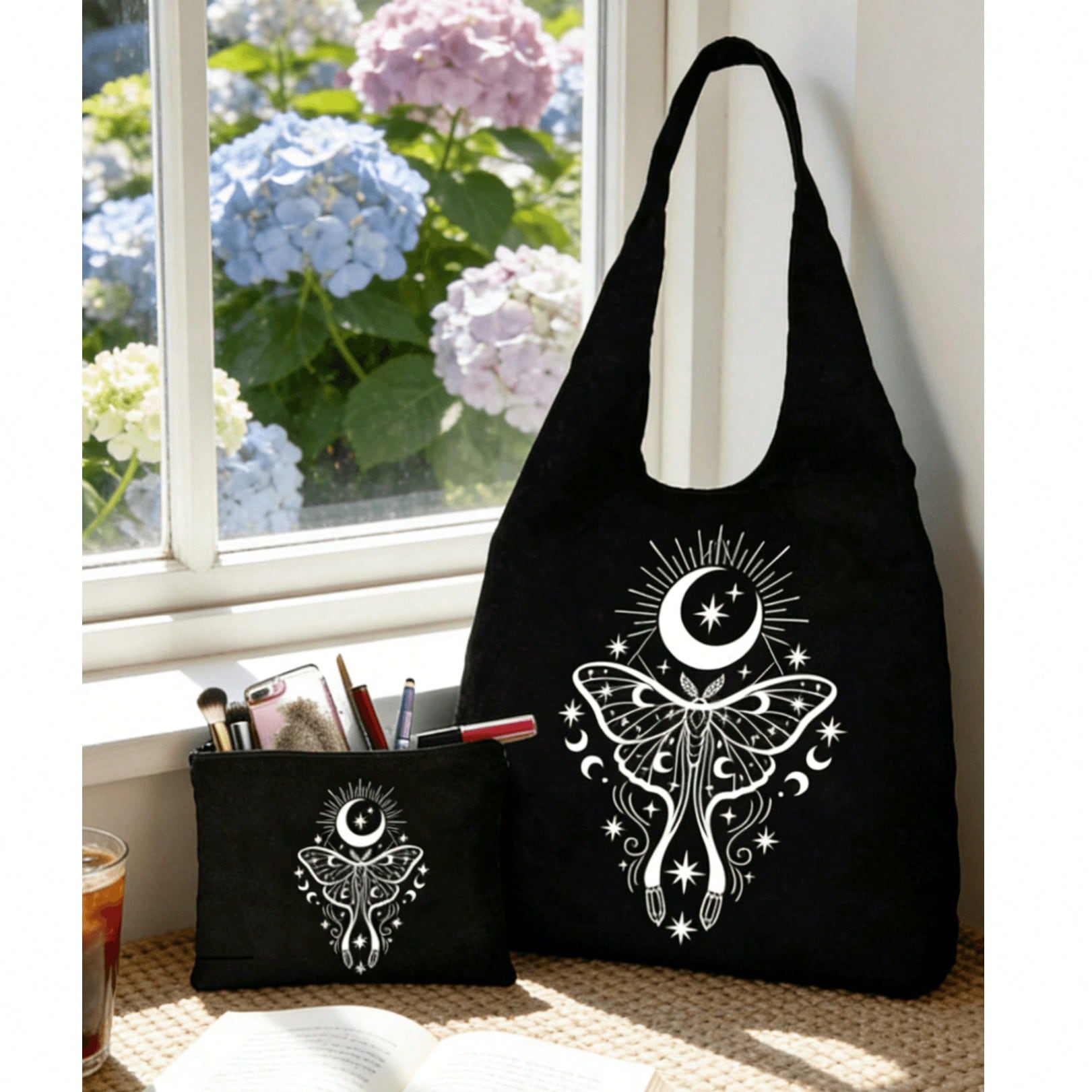Bolso de lona con estampado de fase lunar y mariposa, bolso tipo chaleco con estampado negro y bolsa negra, bolso de hombro de gran capacidad con esti