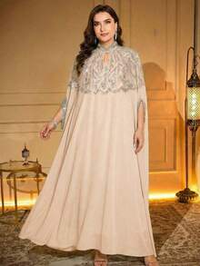 Plus Size Arabic Style Dress, Keyhole Neckline, Batwing Sleeves, Long Woven Fabric With Applique, Beaded Embroidery, Regular Hemline Spring Fall - Apricot - View 1