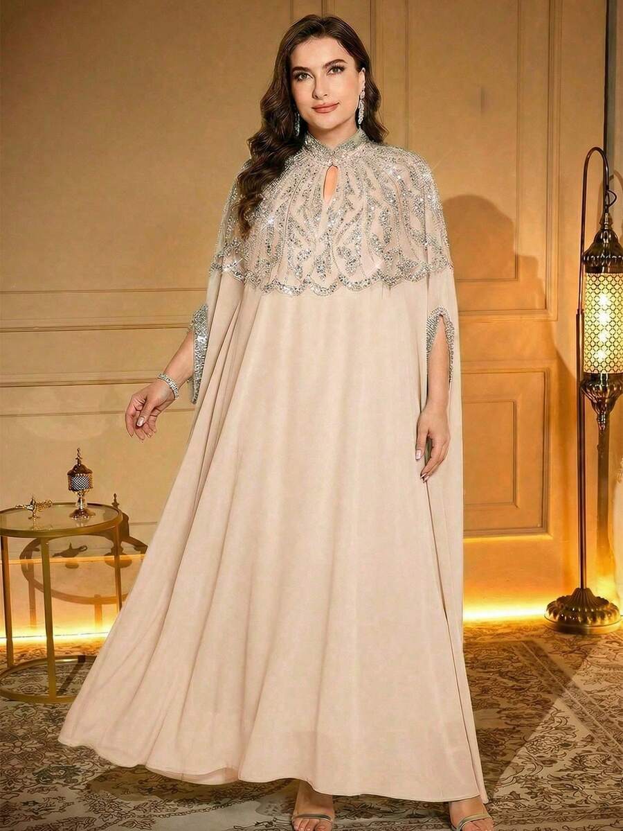 Plus Size Arabic Style Dress, Keyhole Neckline, Batwing Sleeves, Long Woven Fabric With Applique, Beaded Embroidery, Regular Hemline Spring Fall - Apricot - View 1
