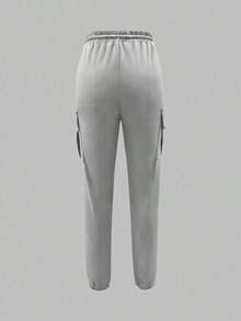 Women's Fashion Elegant Solid Color Casual Pocket Elastic Waist Drawstring Cargo Pants - Hồng 25 - Xem 8