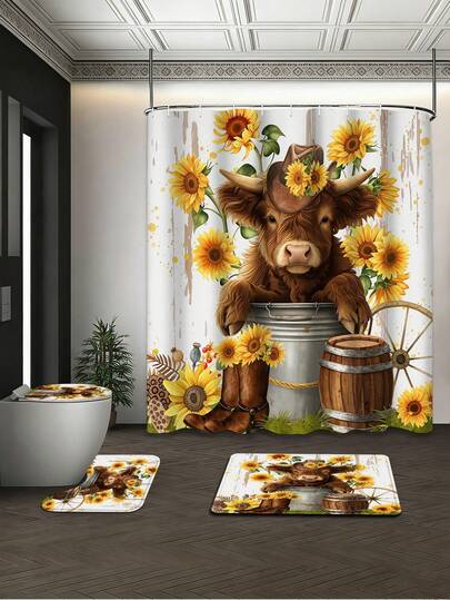 1/4pcs Western Country Cute Highland Cow, Sunflower Shower Curtain Bathroom Set, 72in*72in - Cowboy Hat, Wooden Barrel, Wagon Wheel Pattern Waterproof, Bathroom Accessories - Includes Toilet Seat Cover, U-Shaped Toilet Mat And Anti-Slip Floor Mat - Made Of Polyester Knitted Fabric - Washable, Mildew Resistant - Ideal For Spring, Home/Hotel/Dorm/Outdoor Camping/Western/Holiday Bathroom Decor, Back To School Essential[Comes With 12 Hooks]