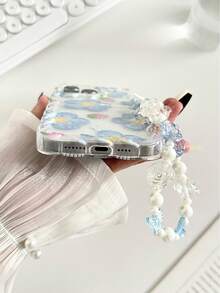 Funda protectora para teléfono con textura de flor, borde ondulado, pintada en azul brillante, compatible con iPhone XR/7/8, con accesorio de pulsera con cuentas, compatible con iPhone 16/16 Pro/16 Plus/16 Pro Max, 15 Pro Max, 13, 14, funda suave para Galaxy, Ximi, Note 11, Ximi 11 Lite - Multicolor - Ver 6