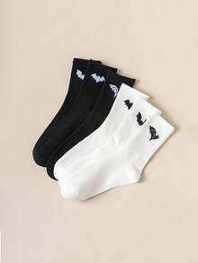 1/6 par (entrega aleatoria) Calcetines tipo tripulación con diseño de murciélago de dibujos animados, unisex y frescos, de moda y versátiles para el uso diario, primavera y otoño - Blanco y Negro - Ver 8