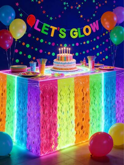 Bộ 3 váy phủ bàn tua rua kim loại neon, kích thước 108 x 29,5 inch, phát sáng dưới ánh đèn cực tím, thích hợp cho tiệc sinh nhật, trang trí đám cưới, trang trí tiệc neon, trang trí phát sáng, trang trí tiệc disco.