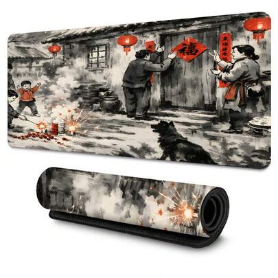 1 件复古中国新年水墨画橡胶鼠标垫，防滑锁边加厚桌面垫，办公电竞两用鼠标垫，办公游戏两用桌面垫/键盘垫