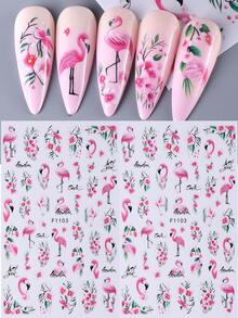 Set de 2 pegatinas de arte de uñas 3D con flamencos rosas tropicales e hibiscos, decoración de uñas de verano para mujeres - Multicolor - Ver 4