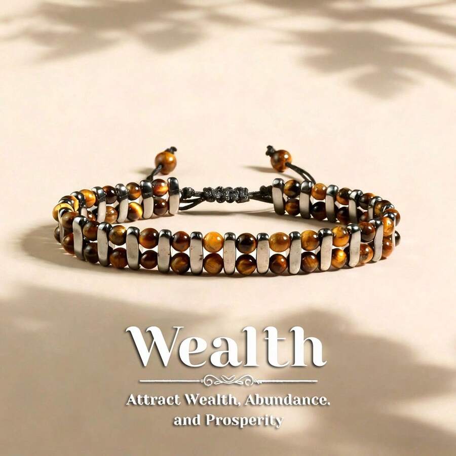 招财手工双层虎眼石珠手链，朋克风编织亲肤饰品，适合日常佩戴和送礼。 - 棕色 - 查看 1