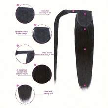 Straigh Ponytail Extensions Human Hair With Clip In Magic Paste Invisible Ponytails Wrap Around Straight Natural Black For Woman - Natural Black - View 2
