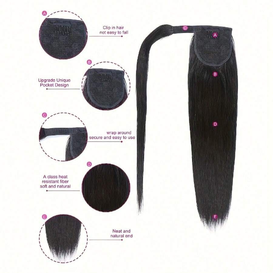 Straigh Ponytail Extensions Human Hair With Clip In Magic Paste Invisible Ponytails Wrap Around Straight Natural Black For Woman