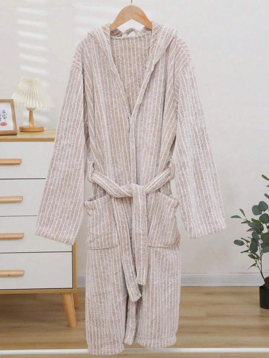 1PC Women's Hooded Bathrobe, Soft Coral Fleece Plush Robe For Women, Long Length Warm & Cozy Loungewear With Pockets, Absorbent Bathing Robe For Spa, Shower, Dorm Life, Back To School Essentials, Birthday Gift For Her - Brown - View 1