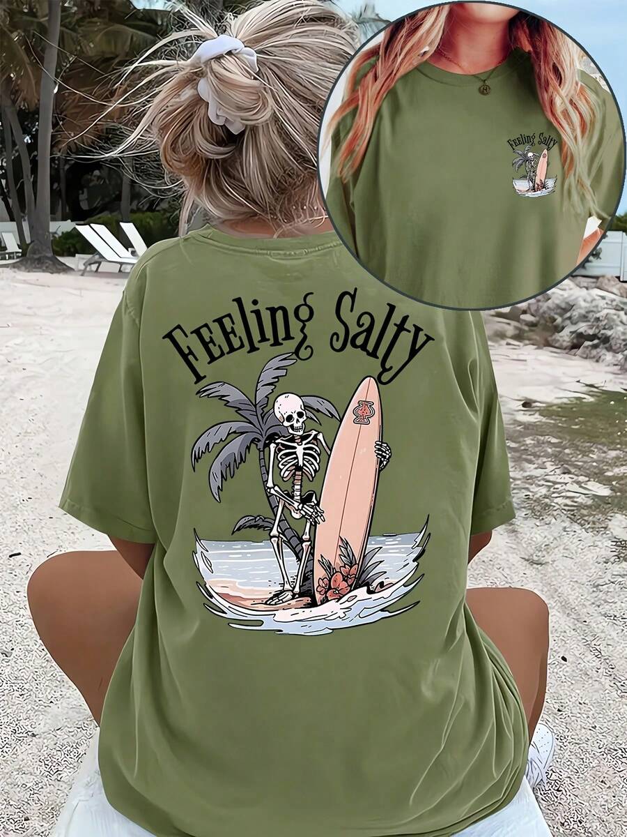 [Summer Beach Tee] High Stretch Women's Plus Size Casual Loose Fit Round Neck Short Sleeve T-Shirt |   "FEELING SALTY" Surf Skeleton Graphic Print, Machine Washable Summer Beachwear Top, Beach Vacation Outfit, Laidback Fashion, Breathable Tee, Statement Tee, Beach Loverswinter Clothes For Women - 綠色 - 查看 1