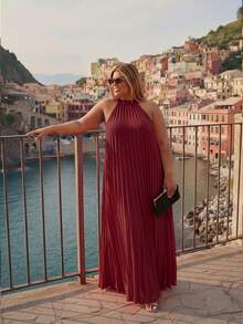 Astrid Plus Size Women Pleated Loose Sleeveless Dress Elegant Summer - Burgundy - View 3