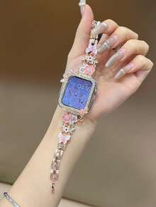 1/Set Watch Band+Watch Case, Participants In Pink Flowers Fringe Set Auger Butterfly Chain Metal Strap + Pink Flowers Fringe Butterfly Set Auger Hollow Out Pc Protection Case, Compatible With Apple Watch40/41/44/45mm, Compatible With Apple Watch Series Ultra3/2/1/ Se/11/10/9/8/7/6/5, Lovely Watch Band, Adjustable Smart Watches Accessories, Birthday Gifts, Anniversary Gifts, Weddings, Everyday Decorations Are Available - Pink - View 6