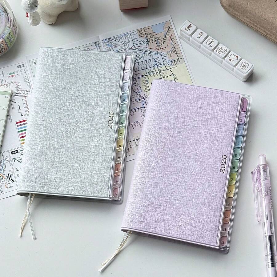 2026 Rainbow Index Leather Planner | Monthly & Weekly Planning Notebook, Single Page Diary, 365 Days, Wirebound, Dated, For Time Management Notes, Suitable For Adults, Self-Discipline Check Diary - A6 - View 1