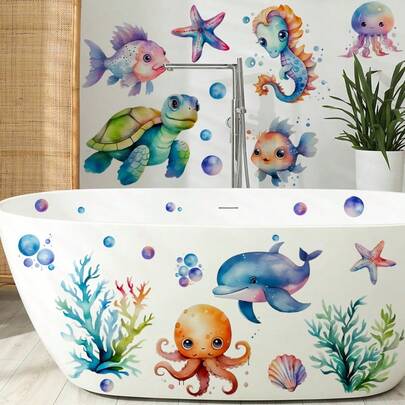 4 piezas Pegatinas de pared de mundo submarino con tortugas acuarela - Diseño de patrón de animales marinos divertidos para decoración de dormitorio, baño y habitación azul - Autoadhesivo, fácil de aplicar y quitar, de un solo uso, tema de océano de verano