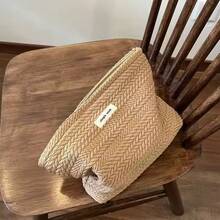 INS Style Cosmetic Bag For Women, Luxury Texture Handy Makeup Pouch, Large Capacity Thickened Travel Toiletry Bag, Portable Sanitary Napkin Storage Bag - 稻穗花紋-奶白色 26x18cm - 查看 4