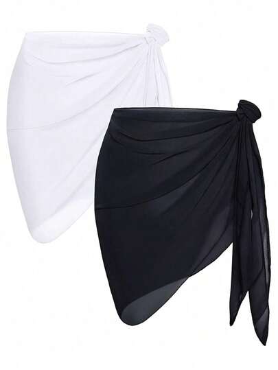 2pcs/1pc Women Black & White Beach Shawl Swimsuit Cover Up, Transparent Bikini Swimwear Set, Suitable For Beach Travel For Dress