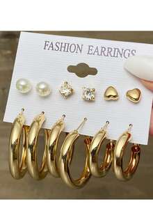 12件装极简主义亚克力合金仿珍珠耳环（女士款） - 金黃色 - 查看 2