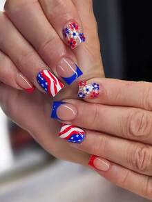 24pcs Cute Square Press On Fake Nails Colorful Short Nail American Flag And Flowers Fake Nails Independence Day Nails - Multicolor - View 1