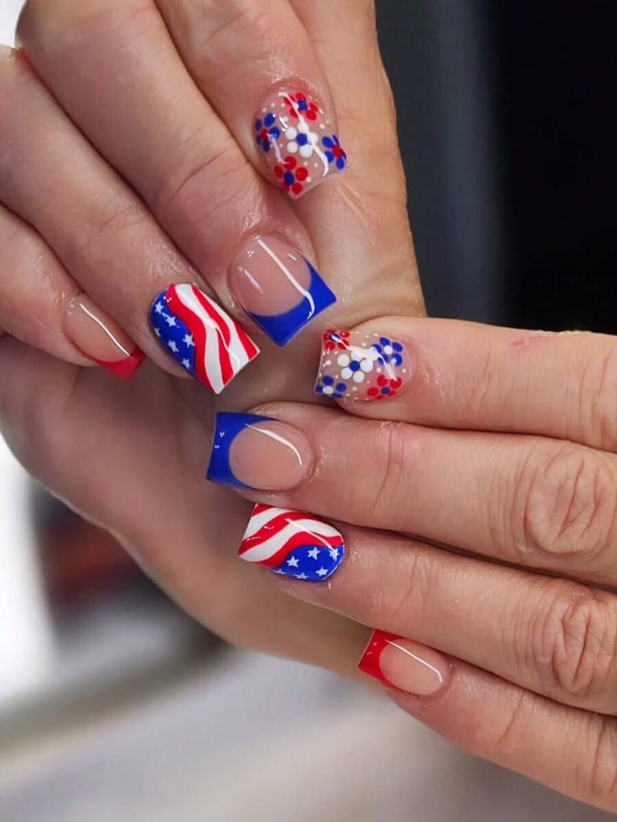 24pcs Cute Square Press On Fake Nails Colorful Short Nail American Flag And Flowers Fake Nails Independence Day Nails - Multicolor - View 1
