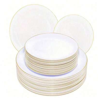 50/25/7/1 Pcs White Base With Gold Rim Dinnerware Set, Food Tray, Fruit Salad Plate, Dinner Plate, Plate, Washable Salad Tableware, Reusable, Easy To Clean. Suitable For Wedding Decoration, Christmas Decoration, Birthday Party, Family Gathering, Outdoor Team Building, School, Restaurant And Kitchen Party Tableware, Household School Seasonal Gift