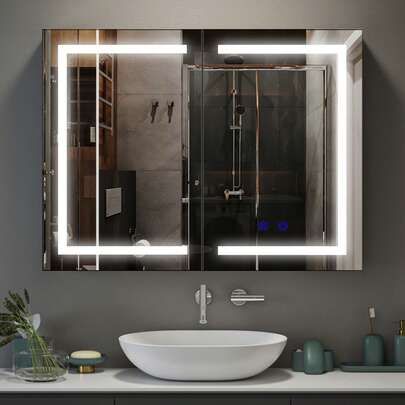 LED Bathroom Mirror Cabinet, 800*600mm Illuminated Bathroom Cabinet Mirror With 3 Colors Dimmable Lights, Shaver Socket, Demister Pad And Touch Sensor