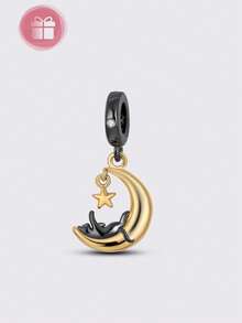 1pc Original Design Silver Charm Beads, Gold-Plated Starry Moon Cat Whale Pendant, High-Quality Cubic Zirconia Inlaid, Elegant Jewelry Gift Suitable For Handmade Bracelet & Necklace DIY - Gold - View 7