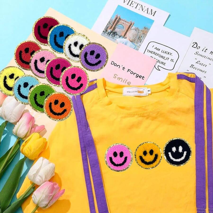 [4/9/15pcs Joyful Face Embroidered Patches] Joyful Face Chenille Embroidered Patches, Self-Adhesive Appliques For DIY Clothing And Accessories - Multicolor - View 1