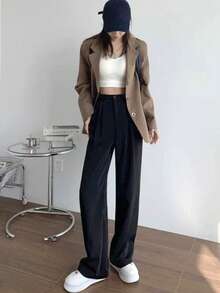 Women's High-Waisted Wide Leg Pants, Slim Fit, Crease-Front, Casual/Office Wear, Spring/Summer - Black - View 5