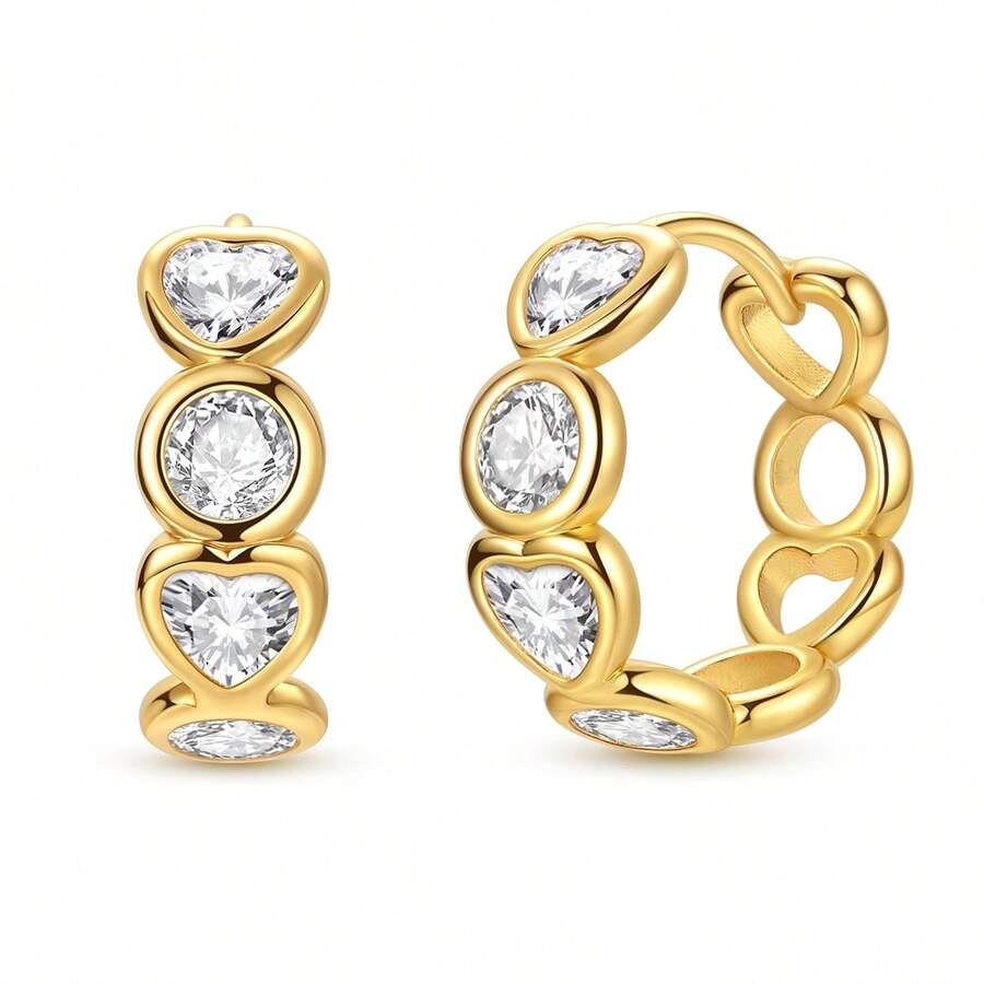 1 Pair 18K Gold-Plated Alternating Heart Round Cut Cubic Zirconia Hoop Earrings With Hollow Heart Accents Elegant Romantic Design For Daily Wear, Bridal Gifts & Statement Accessories - Gold - View 1