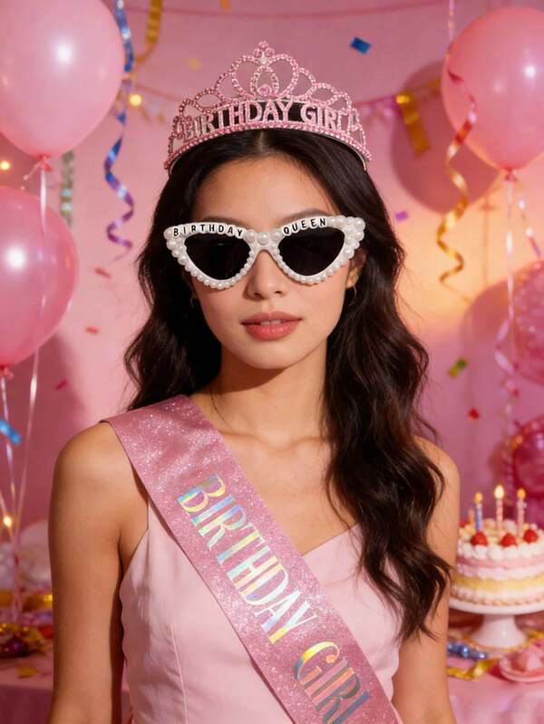 Set de banda y corona de cumpleaños y gafas para mujeres y niñas, 3/1 pieza - Corona de cumpleaños rosa y banda para mujeres con brillo, decoraciones y accesorios de fiesta de cumpleaños feliz, coronas, verano, accesorios para el cabello, vacaciones