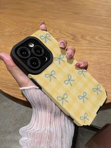1pc Minimalist Yellow Plaid Bow Pattern Vertical Stripe Faux Leather Soft Protective Phone Case, Suitable As Gift For Friends And Lovers, Compatible With IPhone And 17/17AIR/17PRO/17PROMAX - Multicolor - View 5