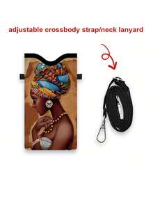 非洲女孩印花图案 2D 双面印花时尚可调节肩带斜挎手机包、斜挎钱包、钥匙包、单肩手机包，人造革材质，可调节肩带，适合日常出行，男女通用，适合假日、生日礼物 - 彩色 - 查看 4