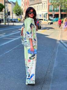 2pcs Set: City Print Shirt With Decorative Trim & Wide Leg Pants, Fashion Style - 綠色 - 查看 3