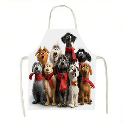 1pc(A Group Of Cute Cartoon Dogs Wearing Red Scarves), Suitable For Scenarios Such As Kitchens, Living Rooms, Dining - Rooms, Hotels, And Outdoor Barbecues. A Large - Sized Kitchen Apron Made Of 100% Polyester Material And Machine - Washable