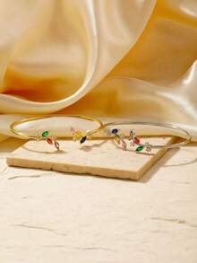 Cubic Zirconia Leaf Decor Cuff Bracelet LO6N - Bạc - Xem 7
