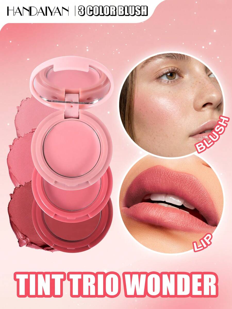 HANDAIYAN 三合一腮红、修容、眼影 - 持久显色，多功能粉饼腮红膏和唇釉，适合万圣节、秋冬季化妆舞会妆容
