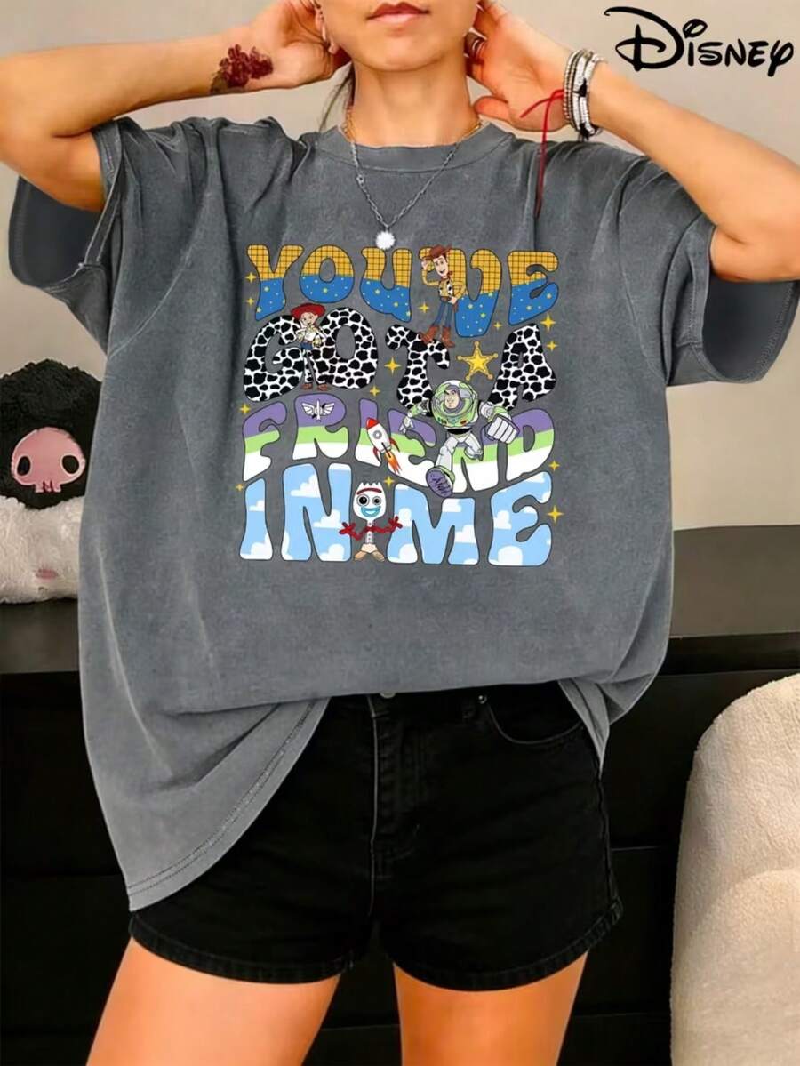 Disney Official Women's Vintage Washed Distressed T-Shirt, "Toy Story" SloganVintage Style, Suitable For Daily Shopping / Vintage Playful  Stylefor Girlfriend Gatherings, Unisex, Ideal For Holidays, Parties, Birthdays,Gifts, Dates, Vintage - Grey - View 1