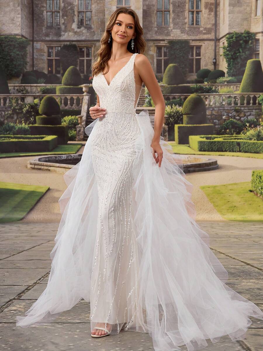 HEARBOBO Romantic Glamorous Deep V-Neck Sequin Prom Dress, Mermaid White Wedding Gown For Bride With Satin Ribbon Spring