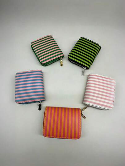 2026 New Fashion Women's Short Wallet, Striped Design, Multiple Card Slots & Coin Purse