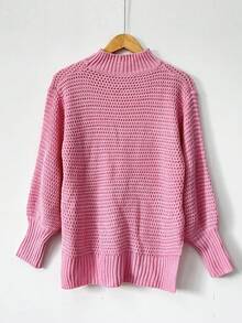 Chunky Mock Neck Knit Sweater, Long Sleeve Balloon Sleeve Pullover Fall Winter Outfit, Relaxed Fit Side Slit Textured Knit Top | Soft Breathable Knit | Multi-Color Options | Perfect With Jeans Casual Textured Knit Balloon Sleeve Sweater | Mock Neck & Ribbed Cuffs | Oversized Loose Fit | Soft Lightweight Fabric | Streetwear & Lounge Essential | Vibrant Solid Colors | Brunch & Date Outfit - Pink - View 4