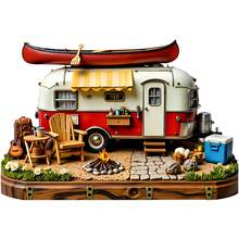Red & White Retro Camper With Full Campsite Scene Magnet: Canoe On Roof & Yellow Awning, Wooden Deck With Campfire, Guitar, Cooler & Pots, Stone Path & Greenery – A Cozy Little Camping Base For Your Fridge - E - View 6
