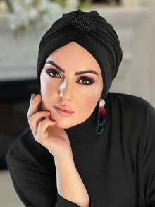 Women's Solid Color Muslim Headscarf With Rhinestone Decoration - Black Diamond - View 6