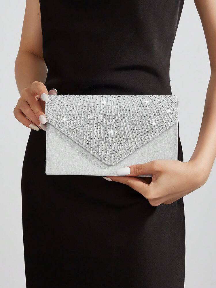 REMANLAND Bolso de sobre pequeño con detalles de volantes y decoración de rhinestones, elegante bolso de mano adecuado para el Día de San Valentín, fiesta nupcial y boda. Bolso de mano de moda para mujer. - Plateado - Añade 1