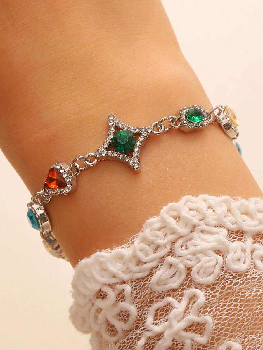 1 Peça Pulseira Minimalista e Fashionista Multicolorida em Formato de Coração (Cor de Vidro Embutida Aleatória) - Prata - Visão 1